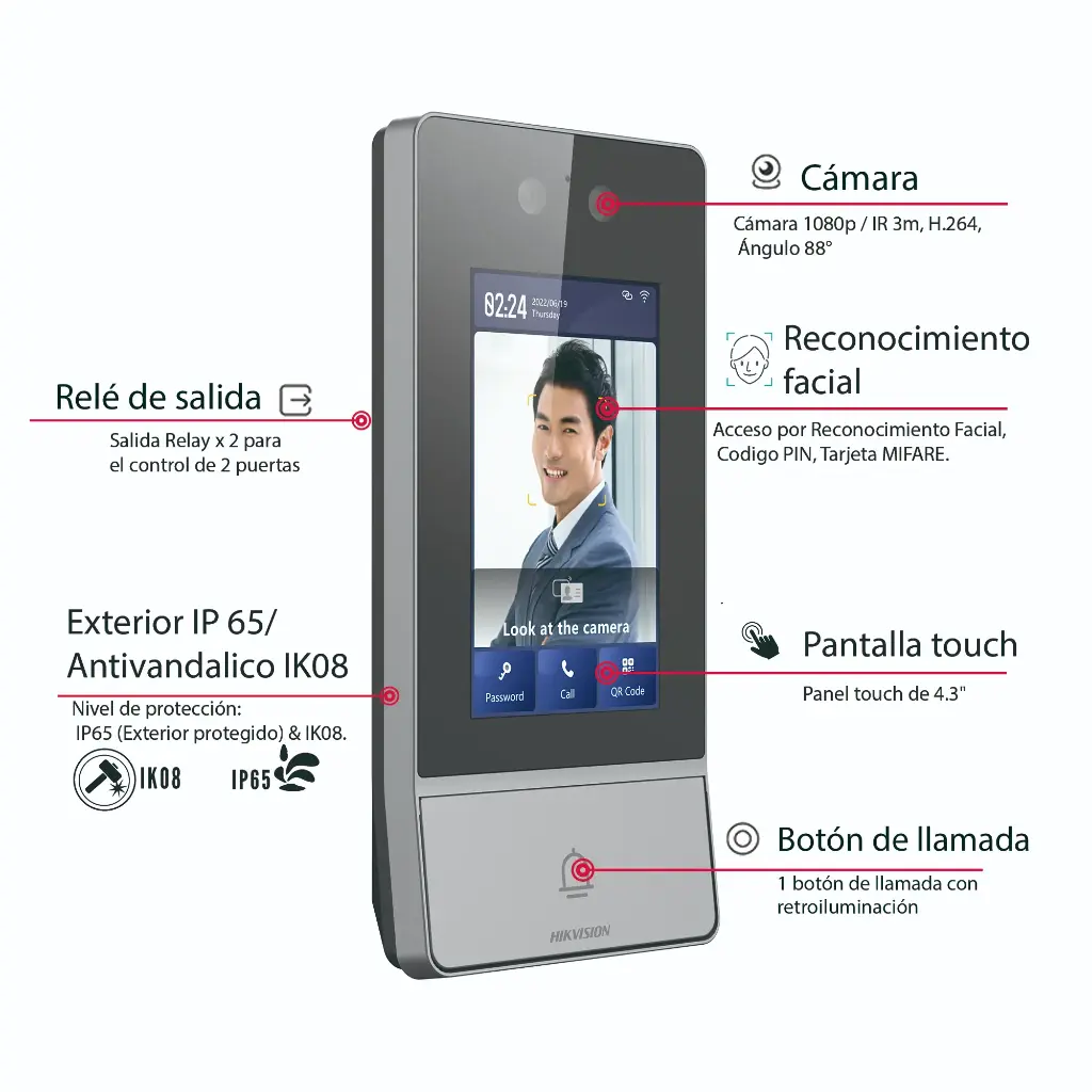 Videoportero IP 2 Megapixel / Llamada y Apertura Remota desde App Hik-Connect / Reconocimiento Facial / Panel touch 4.3"/ Exterior IP65 + Antivandalico IK08 / Botón mecanico de llamada / PoE / 1 Departamento / Apertura con Tarjeta, Codigo PIN