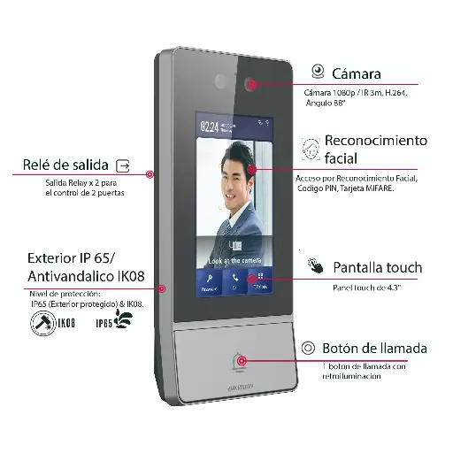 Videoportero IP 2 Megapixel / Llamada y Apertura Remota desde App Hik-Connect / Reconocimiento Facial / Panel touch 4.3"/ Exterior IP65 + Antivandalico IK08 / Botón mecanico de llamada / PoE / 1 Departamento / Apertura con Tarjeta, Codigo PIN